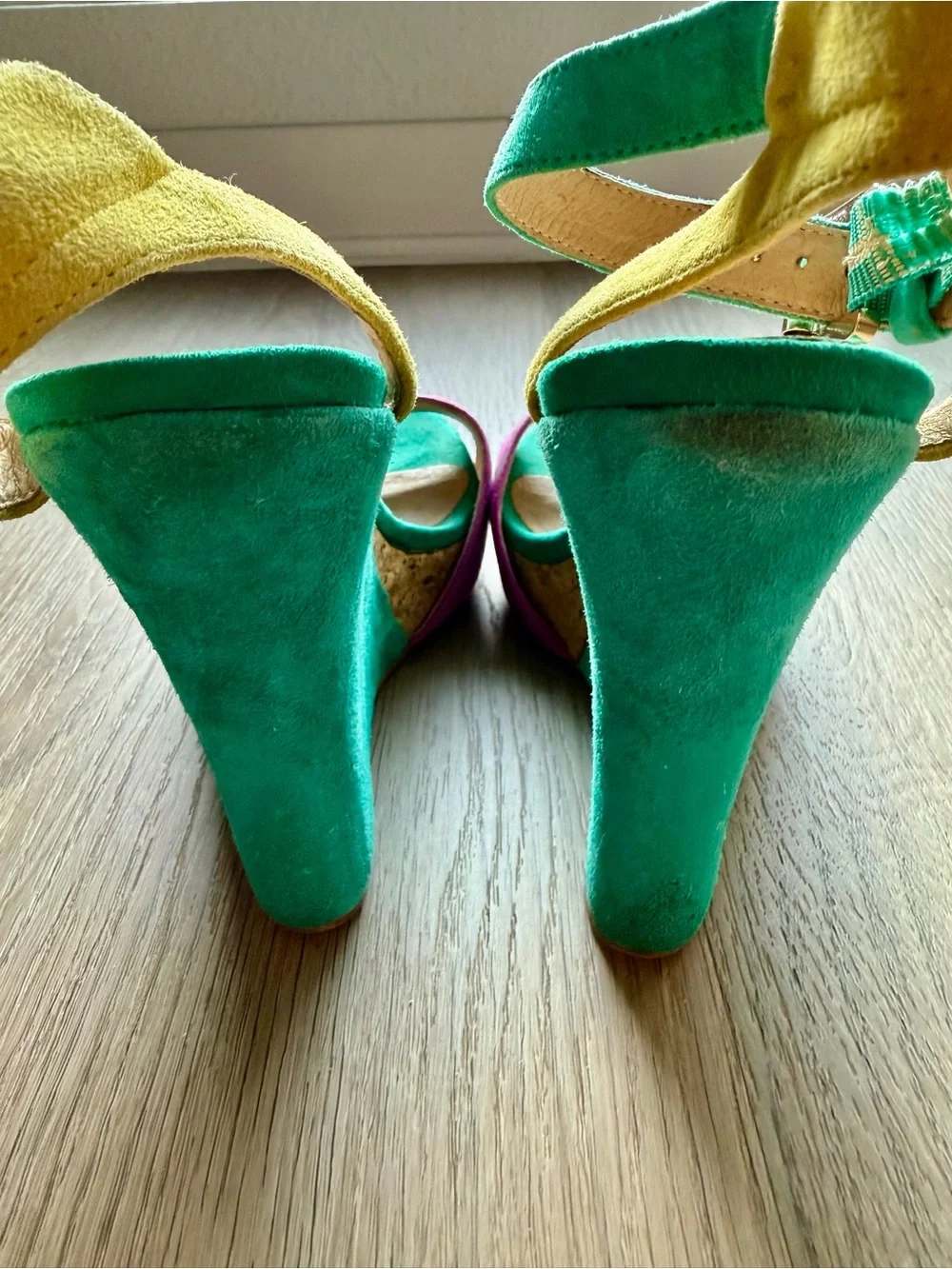 ALDO Green and Purple Suede Wedge Sandals